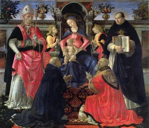 Madonna e Child entronaram com SS. Dionísio, Aeropagita, Domenico, Clemente e Tomás de Aquino, 1483